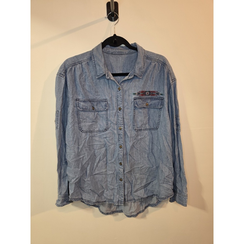Sundance Womens XL Aztec Southwest Western Denim Chambray Shirt Blue Pocket